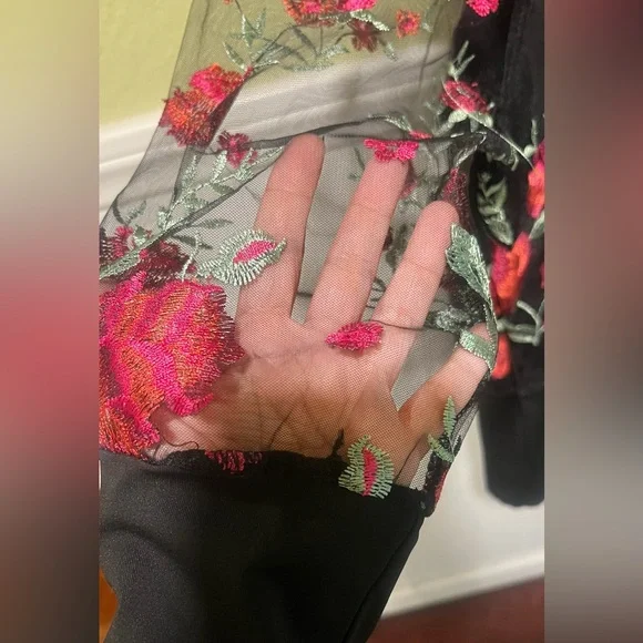 BIG SALE(4 for $30)- Floral Embroidered Black Top - Picture 2 of 2